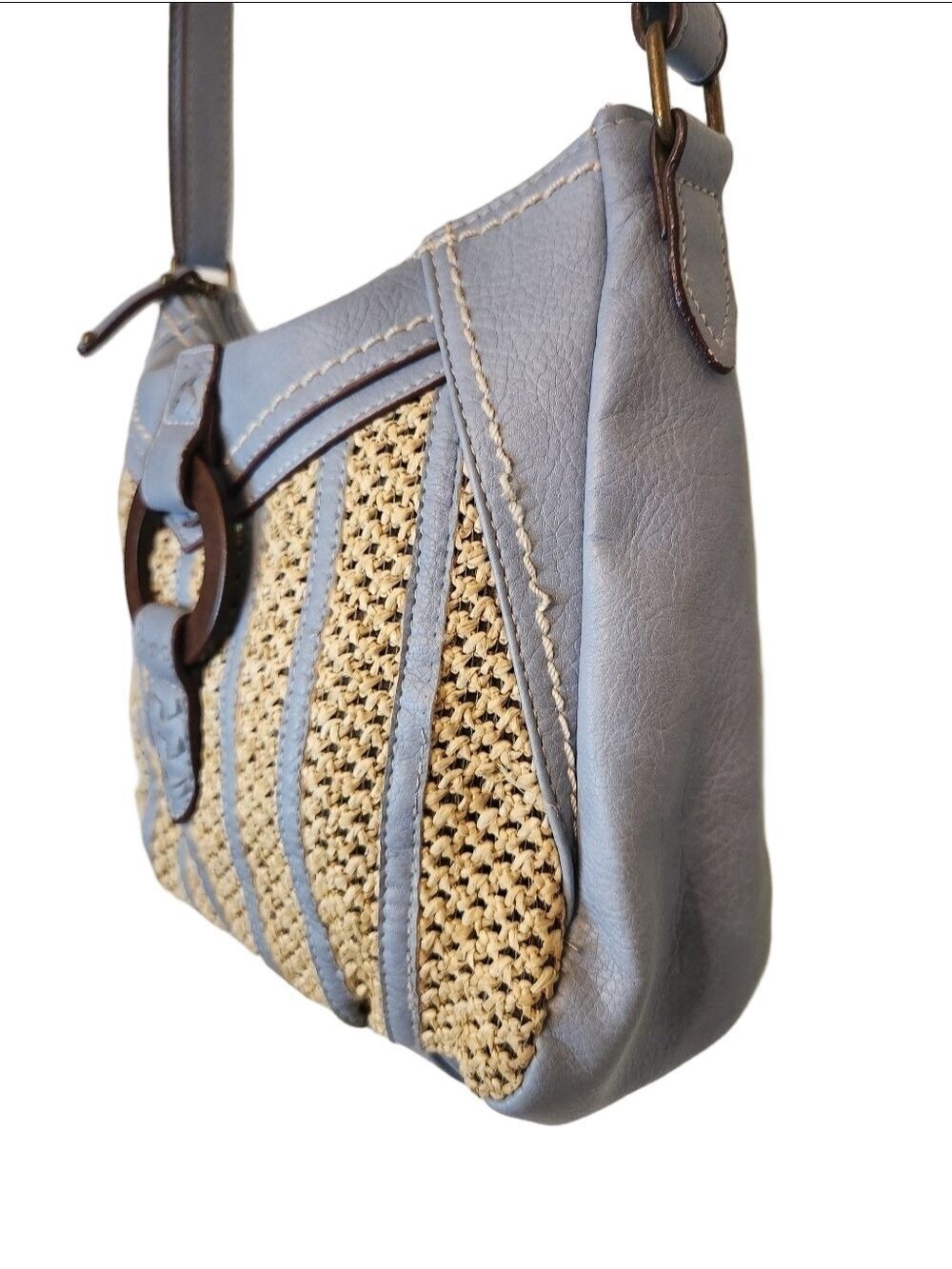 b.ø.c. Born Concept Cornflower Blue Faux Leather & Woven Straw Crossbody Bag - Picture 4 of 16